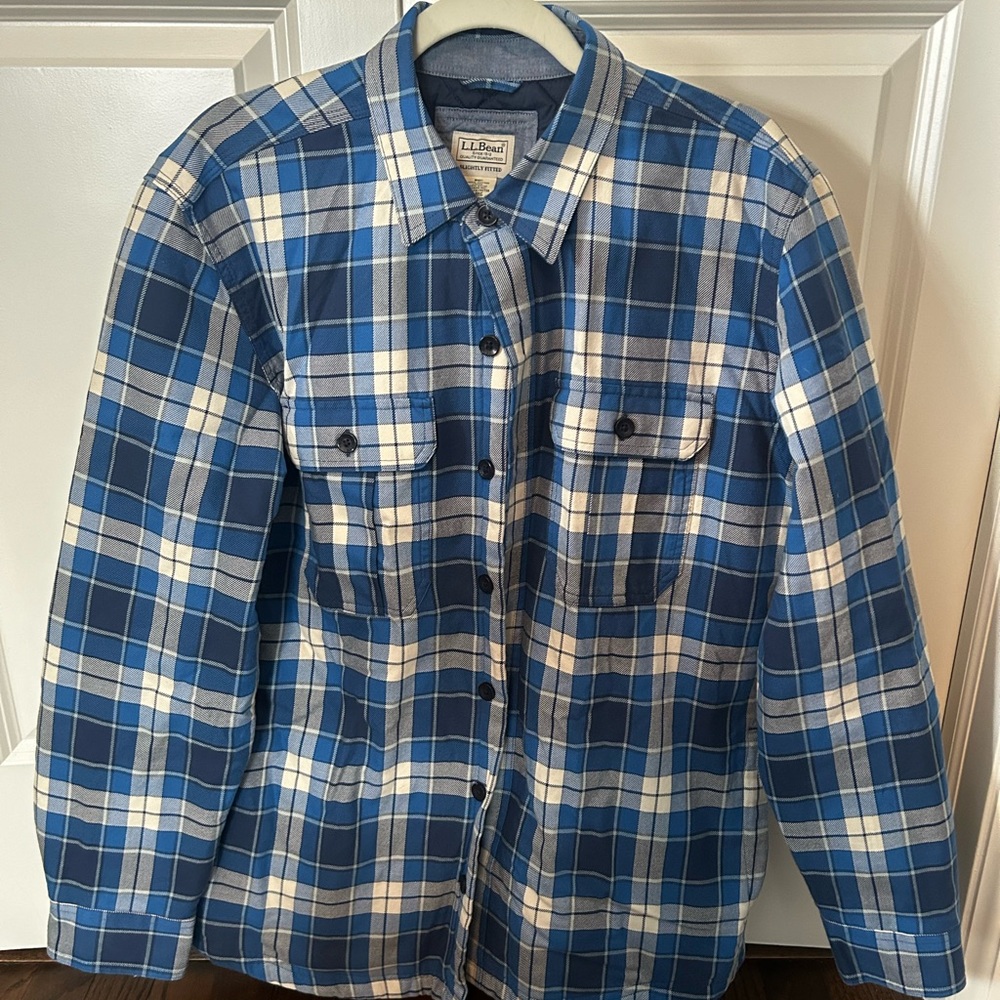 L.L. Bean Quilted Navy and Cream Checkered Shirt Jacket
